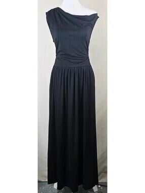 ZESICA One Shoulder Sleeveless Maxi Dress Black Pleated Swing Casual Women’s M